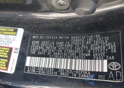 2010 Toyota Corolla Le из США, поврежденный, VIN 2T1BU4EE2AC386291